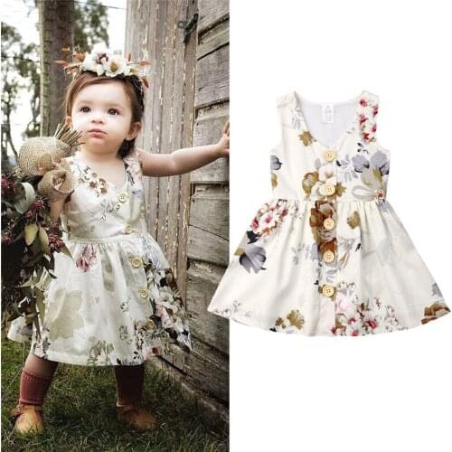 Lovely Kids Baby Girls Summer Princess Dress Flowers Sleeveless V-Neck Party Dresses Floral Button Sundress Beach Clothes 6M-5Y