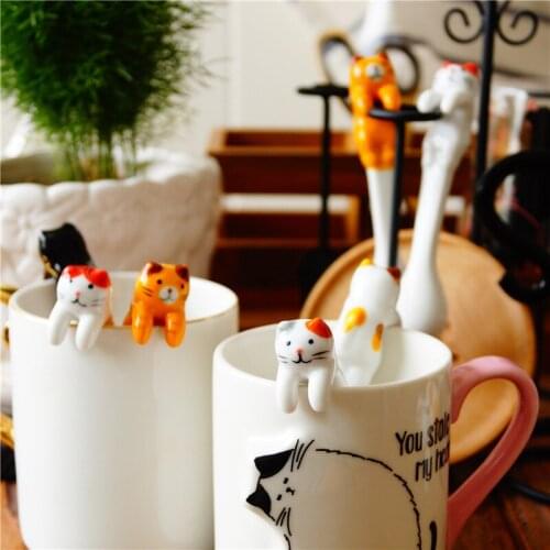 Creative Spoon Drinking Tools Kitchen Gadget Flatware Tableware Ceramic Coffee Tea Spoon Mini Cat Short Handle Kitchen Decor