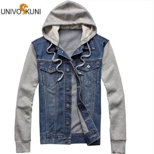 UNIVOS KUNI 2019 Mens Casual Jacket Hoode Denim Coat Fashion Chet Pocket Outwear Slim Fit Male Boys Big Size 5XL J621