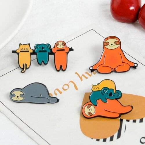 Lazy Cute Sloth Cat Koala Lapel Pins Practicing Yoga Meditate Brooches Badges Backpack Pins Cartoon Jewelry Gifts For Friends