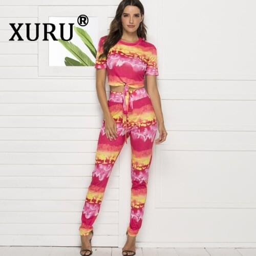 XURU summer new tie-dyed printed womens jumpsuit two-piece straps tight-fitting slim sexy long jumpsuit suit
