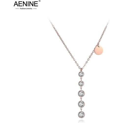 AENINE Trendy Mosaic AAA Zircon Stainless Steel Chain Pendant Necklace Rose Gold Tag Charm Chokers Necklaces For Women AN19052