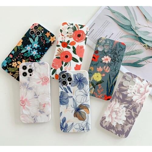 Matte Floral Phone Case For iPhone 12 11 Pro Max XR XS Max X 7 8 Plus SE2 Camera Protection Flowers Silicone Soft IMD Back Cover