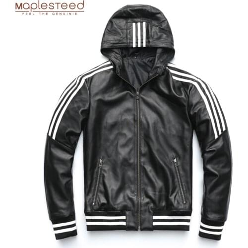 MAPLESTEED Men Leather Jacket Hood 100% Natural Sheepskin White Stripes Real Leather Jackets Boy Coat Hooded Spring Autumn M183