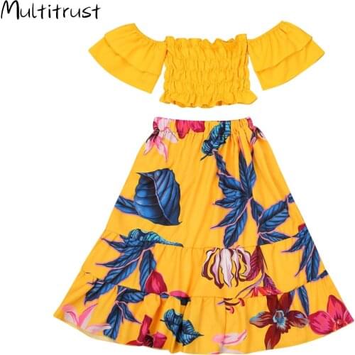 Holiday Toddler Girls Clothes Sets Off Shoulder Ruffles Sleeve T Shirts Tops Floral A-Line Skirts 2-6Y