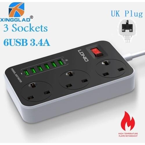 UK/EU Plug 3 Way Power Strip Socket Adapter 6 USB 3.4A Fast Charging Port 2M Extension Cord Overload Protection For Home Office