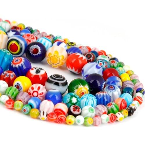 Size 4MM 6MM 8MM 10MM Beads Mixed Color Millefiori Flower Lampwork Glass Round Spacer Beads For Jewelry Making DIY Kids Gifts