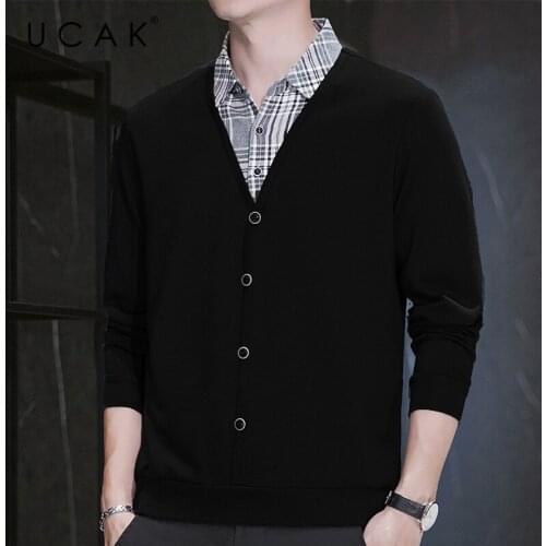 UCAK Brand Mens Turn-down Collar Fake Two Sweaters Clothing NEW Autumn Arrival Classic Streetwear Pullover Homme Clothes U1001