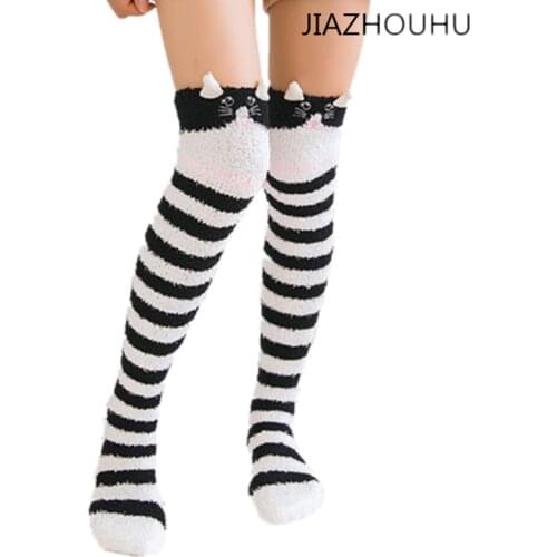 Japanese Girl Animal Modeling Womens Winter Stockings Over Knee Socks Striped Kawaii Cozy Long Thigh High Socks Warm Stockings