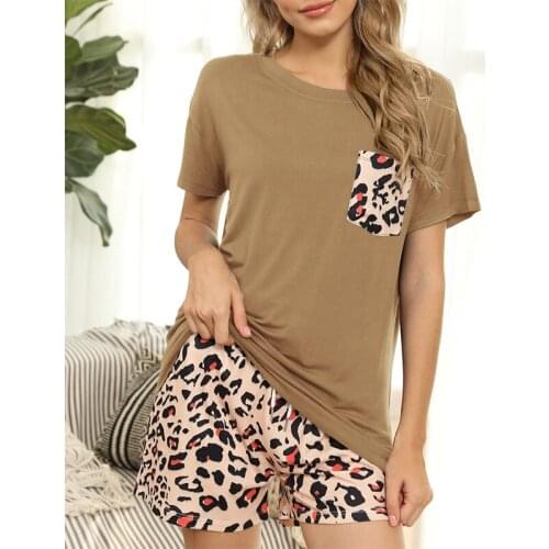 Women Clothes Leopard Print Two Piece Set Casual O-neck Short Sleeve Tops Straight Shorts Loose Home Ladies Pants Suit