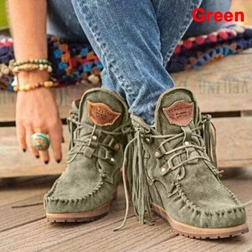 Women Faux Suede Boots Autumn Causal Lace Up Round Toe Female Ankle Boots Vintage Solid Tassel Ladies Cowboy Boots Short Boot