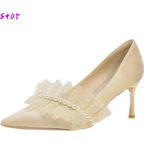 High Heels Womens Shoes Pearl Mesh Shallow Mouth Ladies High Heels Elegant Wedding Party Shoes Pointed Toe Ladies Single Shoes