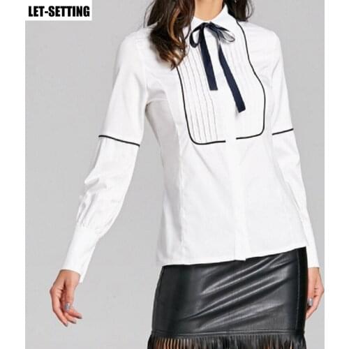 Women Long Sleeve Pure Slim Lantern Sleeve Professional Shirt Office Bow Tie Elegant Work Button Necktie Casual Shirt