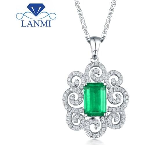 LANMI Luxury Natural Colombia Emerald Pendant Necklace Real 14Kt White Gold Flower Shape Pendant For Women Valentines Day Gift