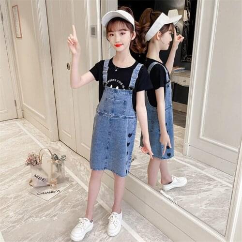 Summer skirt suit womens Fashion denim strap dress Pullover t-shirt top + jeans strap dress 2piece set Cute girl sets