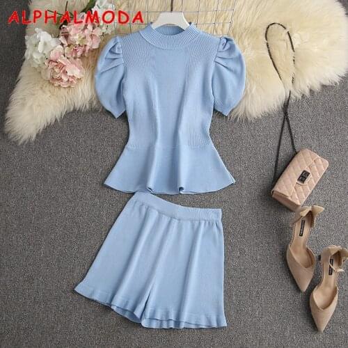 ALPHALMODA 2021 Summer New Puff Sleeve Slim Short-sleeved Sweater Top Frill Shorts Women Sweet 2pcs Solid Lounge Wear Suits