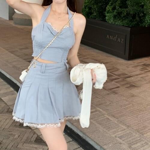 2021 Summer Party Sexy Two Piece Suit for Women Backless Casual Strap Blouse Tops Slim Pleated Skirt Set Blue Elegant Sweet Set
