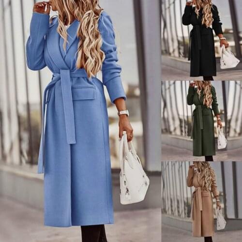 Women Winter Long Coats Wool Cardigan Casual Elegnat Warm Fashion Solid Bandage Pocket Overcoats Ladies Turn-Collar Vintage Coat