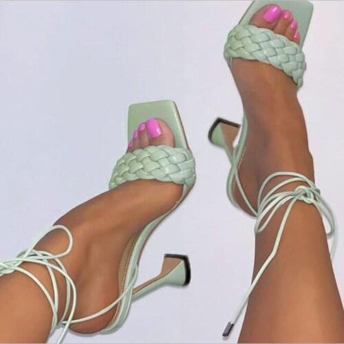 2021 New design weave sandals heels women high heels square open toe ladies shoes cross-strap summer sandals women shoes35-42