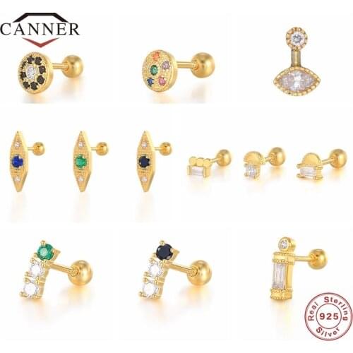 CANNER 1Pc 925 Sterling Silver 18K Gold Plated Stud Earrings for Women Cartilage Piercing Earring Jewelry Pendientes Kolczyki
