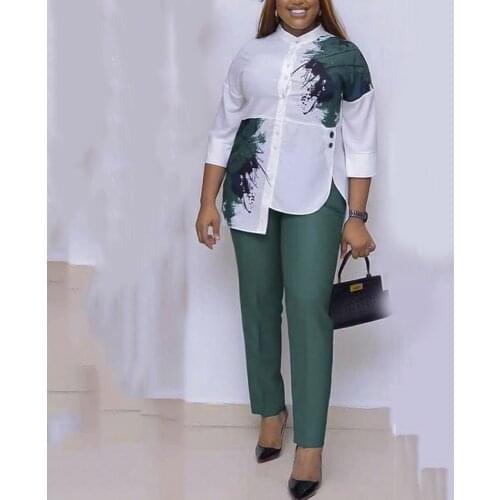 Elegant Office Ladies Pants Sets African Fashion Shirts & Long Pant Single Breasted Solid Formal Business Work Wear Matching Set