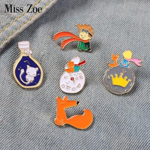 Prince Fox Rose Enamel Pins B612 Planet Brooches Bag Hat Lapel Pin Badge Classics Fairy Tale Jewelry Gift for Children