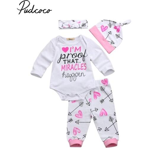 Pudcoco 4pcs/set cotton newborn girls clothes Pink Toddler Baby Girls Bodysuit+Pants+Headband+Hat Baby Girl Clothing Sets 0-24M