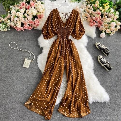 Beach Red Black One Piece Batwing Sleeve Polka Dot Print Jumpsuits Fashion Wide Leg Rompers Sexy V Neck Jumpsuit Women Overalls