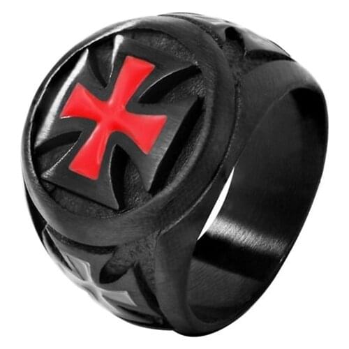 Mens Rings Black color Stainless Steel Red Armor Shield Knight Templar Crusader Cross Ring Punk Jewelry Drop Shipping