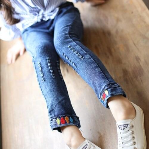 2020 Spring Fall New Girls Ripped Skinny Jeans Female Kids Holes Denim Pencil Pants Childrens Embroidered Tight Trousers X263