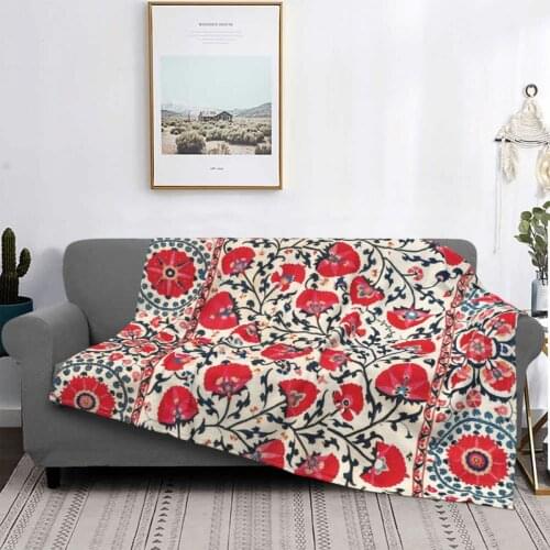 Bohemian Uzbekistan Floral Embroidery Blanket Flannel Spring/Autumn Breathable Lightweight Thin Throw Blanket for Bedroom