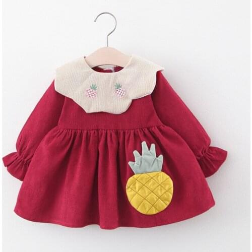2021 Baby Girl Dress Autumn Long Sleeve Corduroy Clothes Toddler Pineapple Print Petal Collar Dress Newborn Sweet Princess Dress