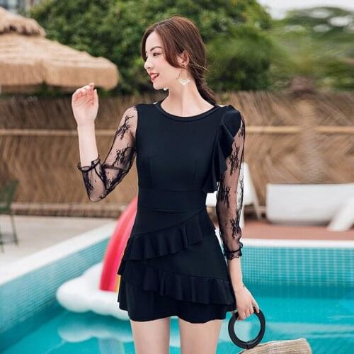 Swimsuit Fused Female Long Sleeve Swimwear 1 Piece Beach Swim One Piece Ruffle Trendy Sexy Swim Suit With Skirt Plus Size Fairy