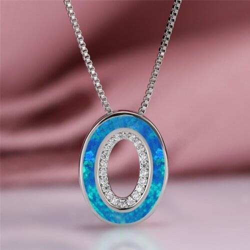 Simple Fashion Blue Opal Letter A-Z Pendant Necklace Charm Silver Color Chain Necklace White Crystal Wedding Necklaces For Women