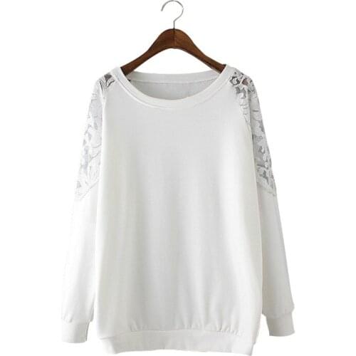 Plus size High Quality Womens Tops O-Neck lace patchwork T-Shirt long-Sleeve T Shirts Plus Size Tees White XL-4XL