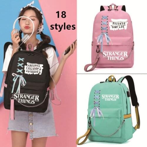 IMIDO Stranger Things Student Backpacks Large Capacity Breathable School Bag With USB Charging Chain&Bow-knot Backpack For Girl