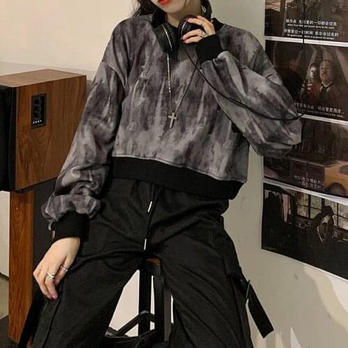 Women fall/winter loose 2020 Harajuku Style tie-dye Ripped Sweatshirt Short Section Was Thin Retro Long-Sleeved Tops