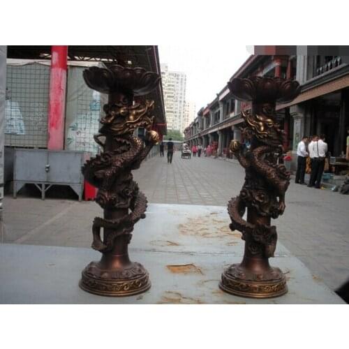 Xd 003255 15"China Royal Red Bronze Carved Dragons Candle Holder candlestick pair