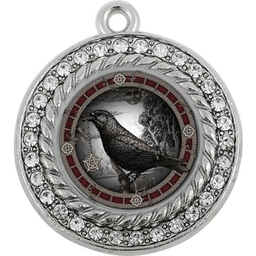 CROW PENTACLE ANTIQUE SILVER PLATED CRYSTAL JEWELRY