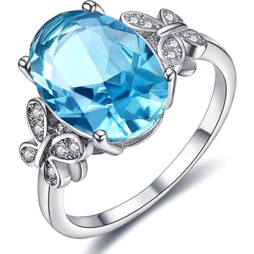 Aquamarine gemstones zircon diamond Rings for women blue crystal white gold silver color bling jewelry bijoux gift accessories