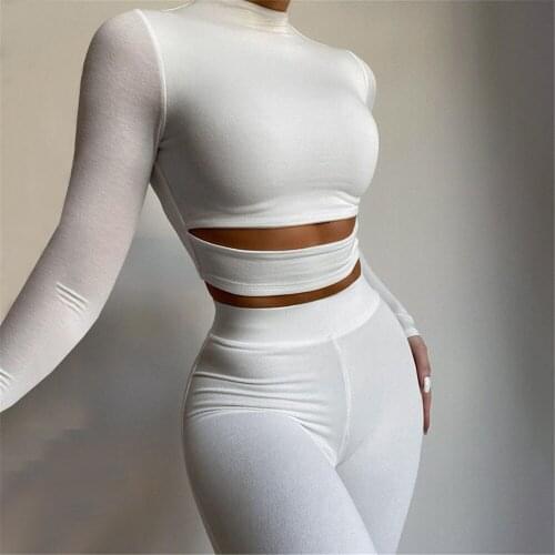 2021 New Style Women Two-piece Clothes Set Ladies Solid Color Long Sleevess Crop Tops and Skinny Leggings Spring Autumn