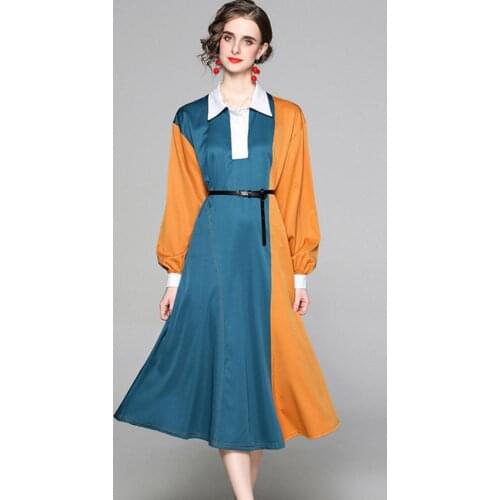 Elegant Fashion 2021 Autumn Color Block Patchwork Long Dress Women Office Ladies Full Sleeve White Collar Shirt Dresses + Belt