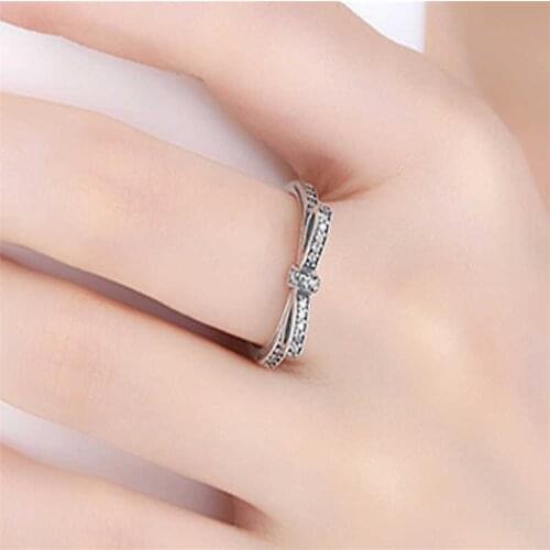 Fashion womens lovely bow ring female crystal stone girl ring size 6-9 original jewelry