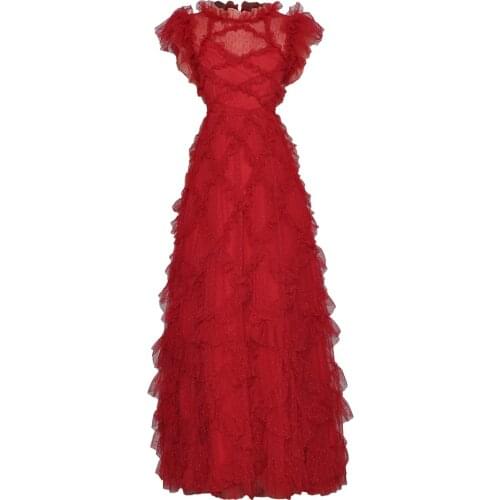 2021 Fashion Designer Summer New Red Mesh Maxi Dress Women Short Sleeve High Waist A-line Long Ruffles Party Dress Luxury Brand
