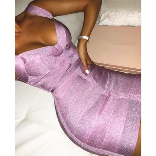 2021 New Summer Women Bandage Dress Vestidos Sexy Sparkly Celebrity Runway Party Dress V Neck Backless Purple Club Dress