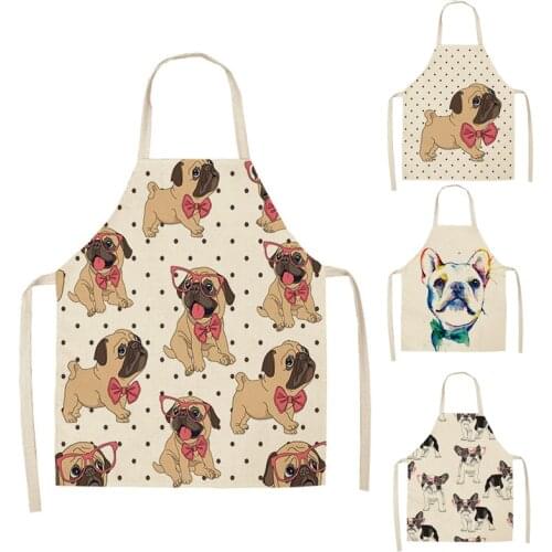 1 Pcs Cotton Linen BullDog Dog Print Kitchen Aprons Unisex Dinner Party Cooking Bib Funny Pinafore Cleaning Apron