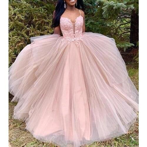 Blush Long Prom Dresses Women 2020 Lace Appliques Plus Size Spaghetti Straps Tulle Evening Party Ball Gowns Vestidos De Fiesta