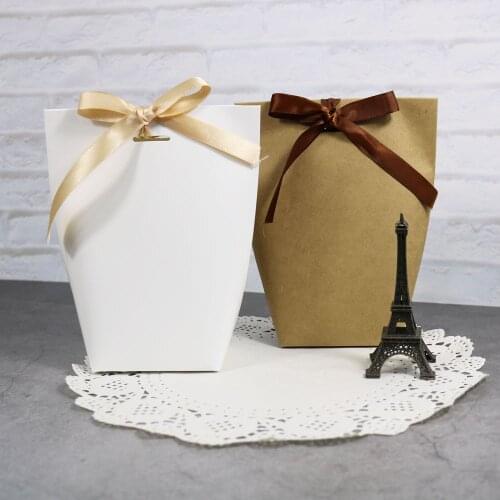 5pcs Blank Kraft Paper Bag White Black Candy Bag Wedding Favors Gift Box Package Birthday Party Decoration Bags with Ribbon