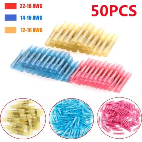 50PCS Heat Shrinkable Butt Waterproof Electrical Connectors Insulated Seal Wire Splice Cable Heat Shrink Joint Crimp Terminals
