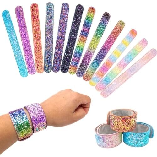 Sequins The Mermaid Bracelets Glitter Slap Bracelets for Girls Suede Backing Birthday Party Supplies Sparkly Snap Bracelet Set
